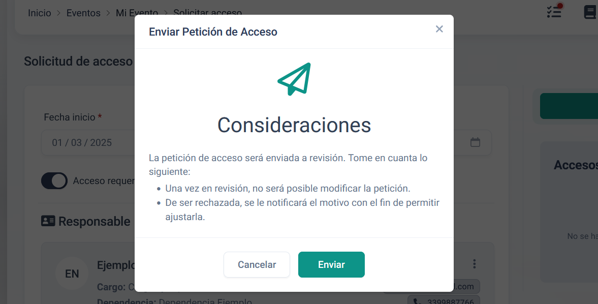 modal de confirmación de envío de acceso