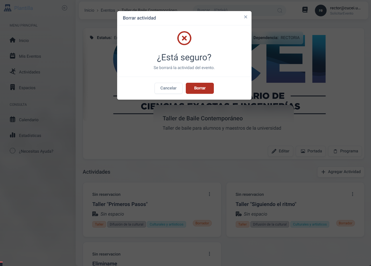 Confirmar eliminación de actividad