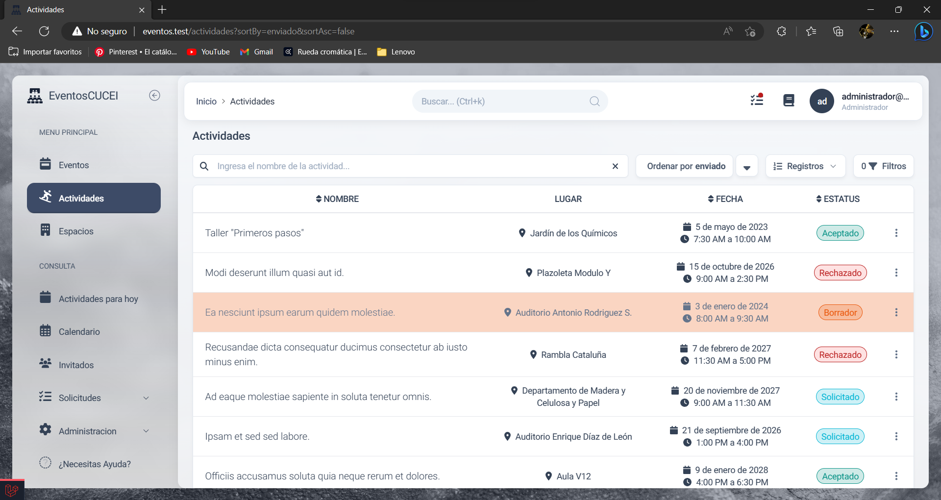 Sección actividades