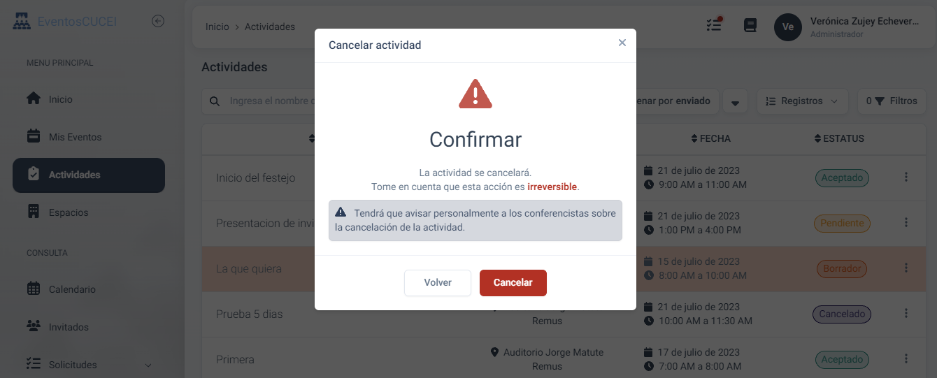 Cancelar actividad con conferencistas