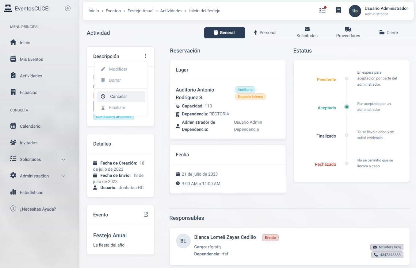 Cancelar actividad desde el detalle de la actividad