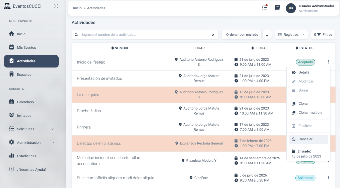 Cancelar actividad desde lista de actividades