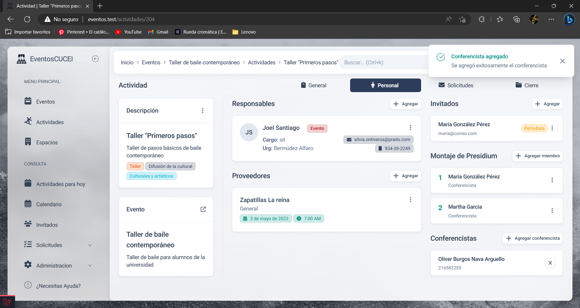 Tarjeta de conferencistas