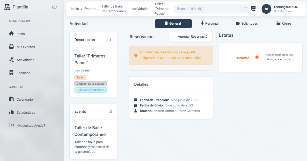 Página de detalles de actividad