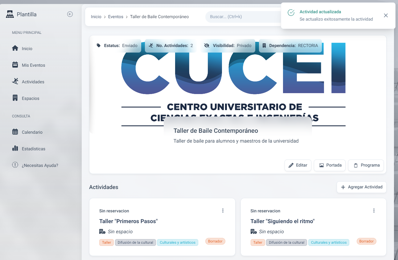 Mensaje de éxito en el formulario de edición