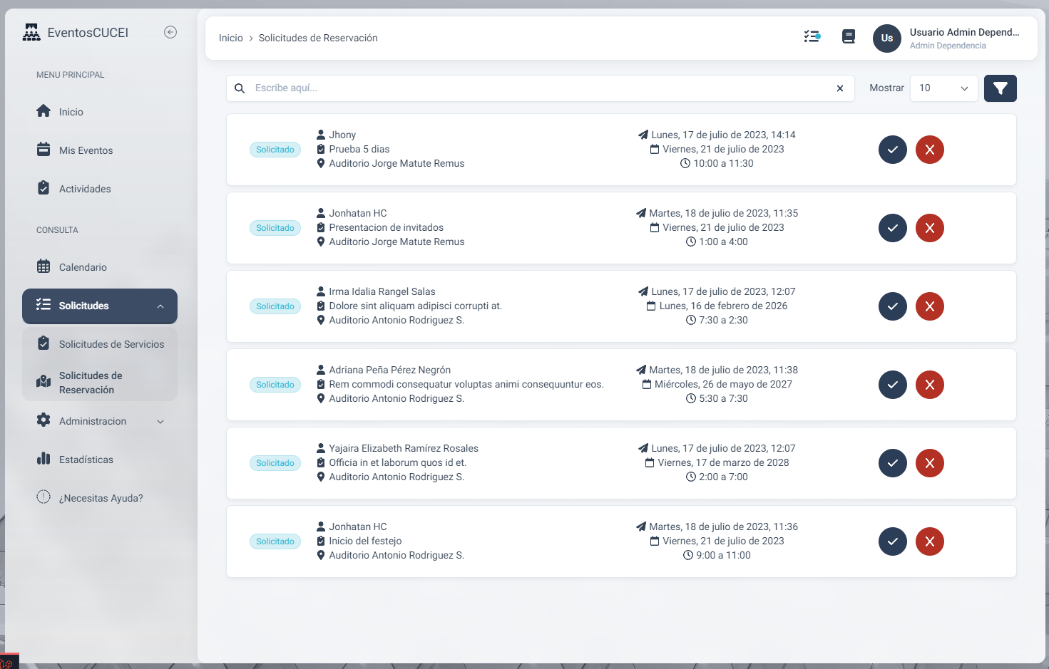 Reservaciones de actividades