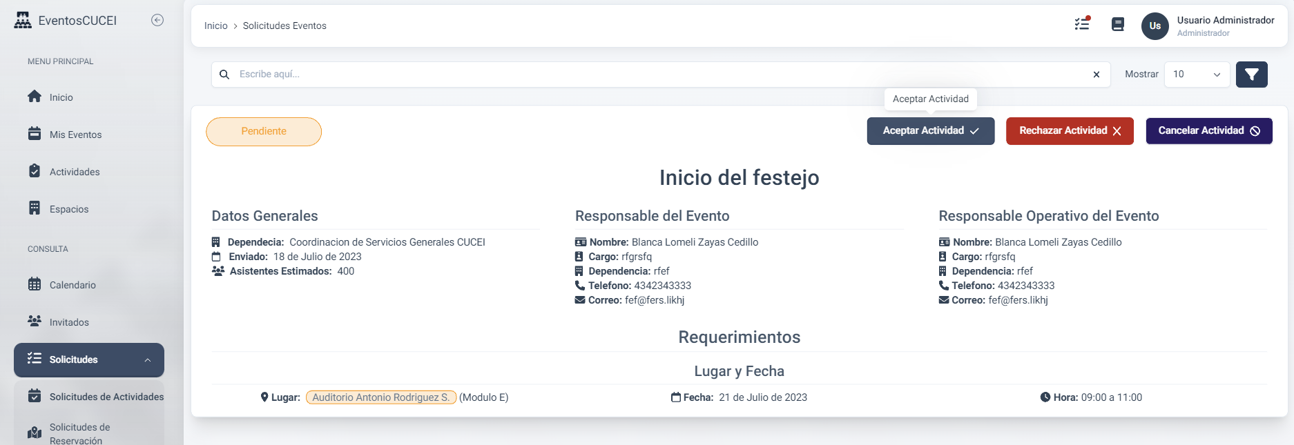 Aceptar solicitud de activiadad