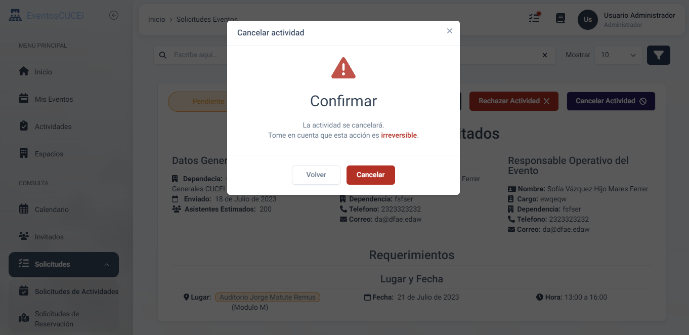 Mensaje para confirmar el cancelar una actividad