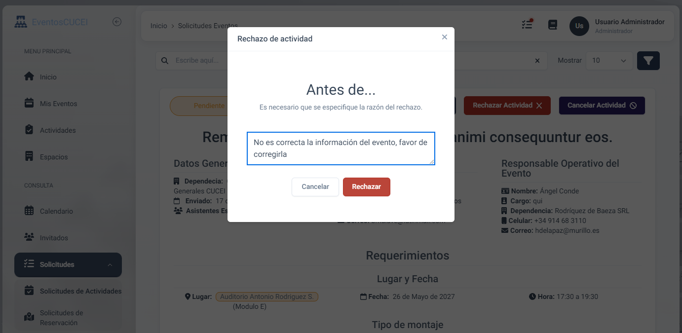 Mensaje de razon de rechazo