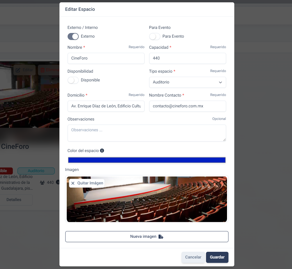 Formulario de edición de espacios