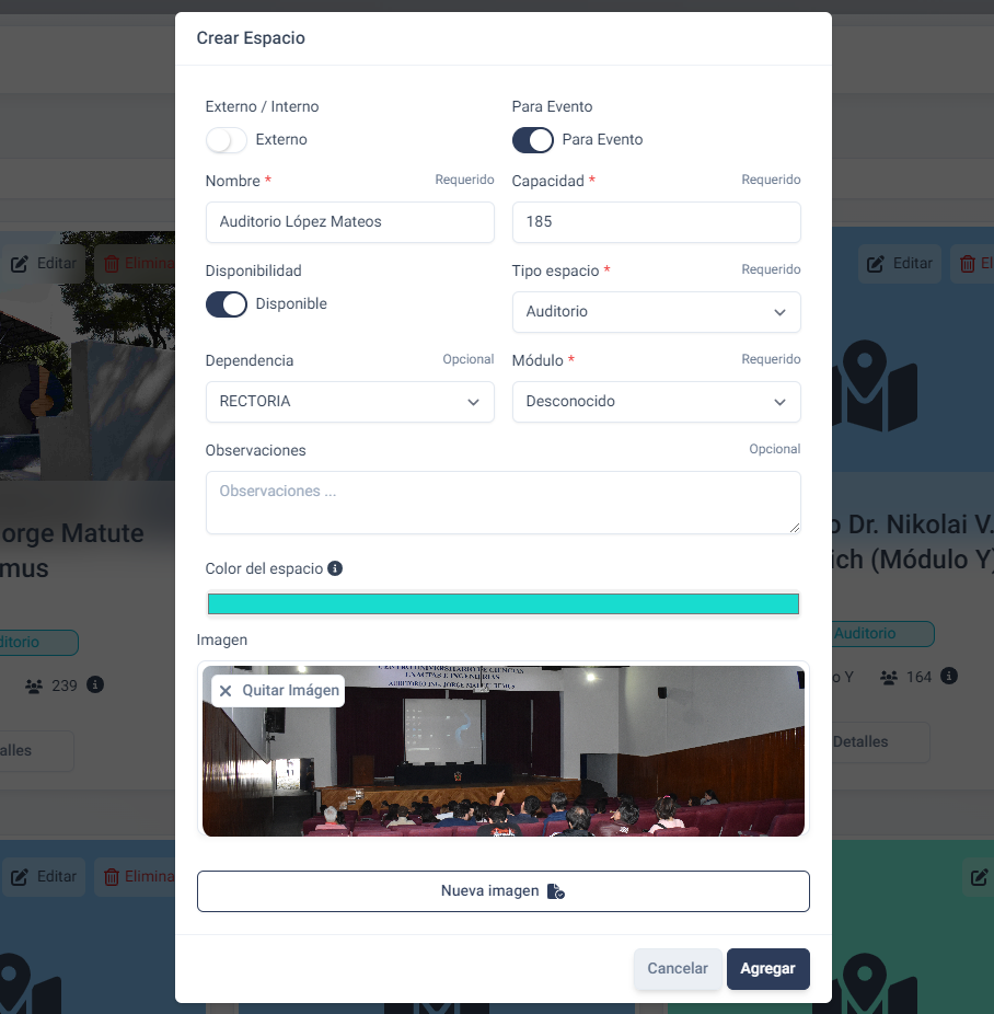 Formulario de creación de espacios