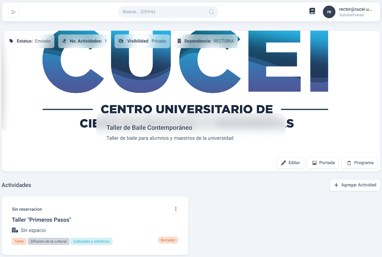 Página de detalles de un evento