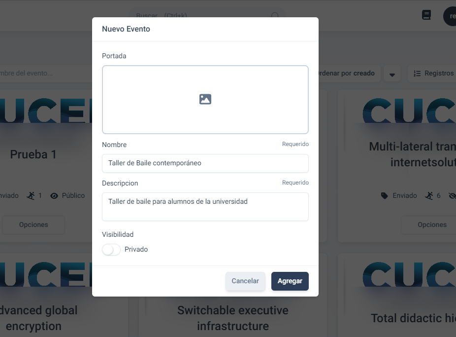 Formulario de creación de evento