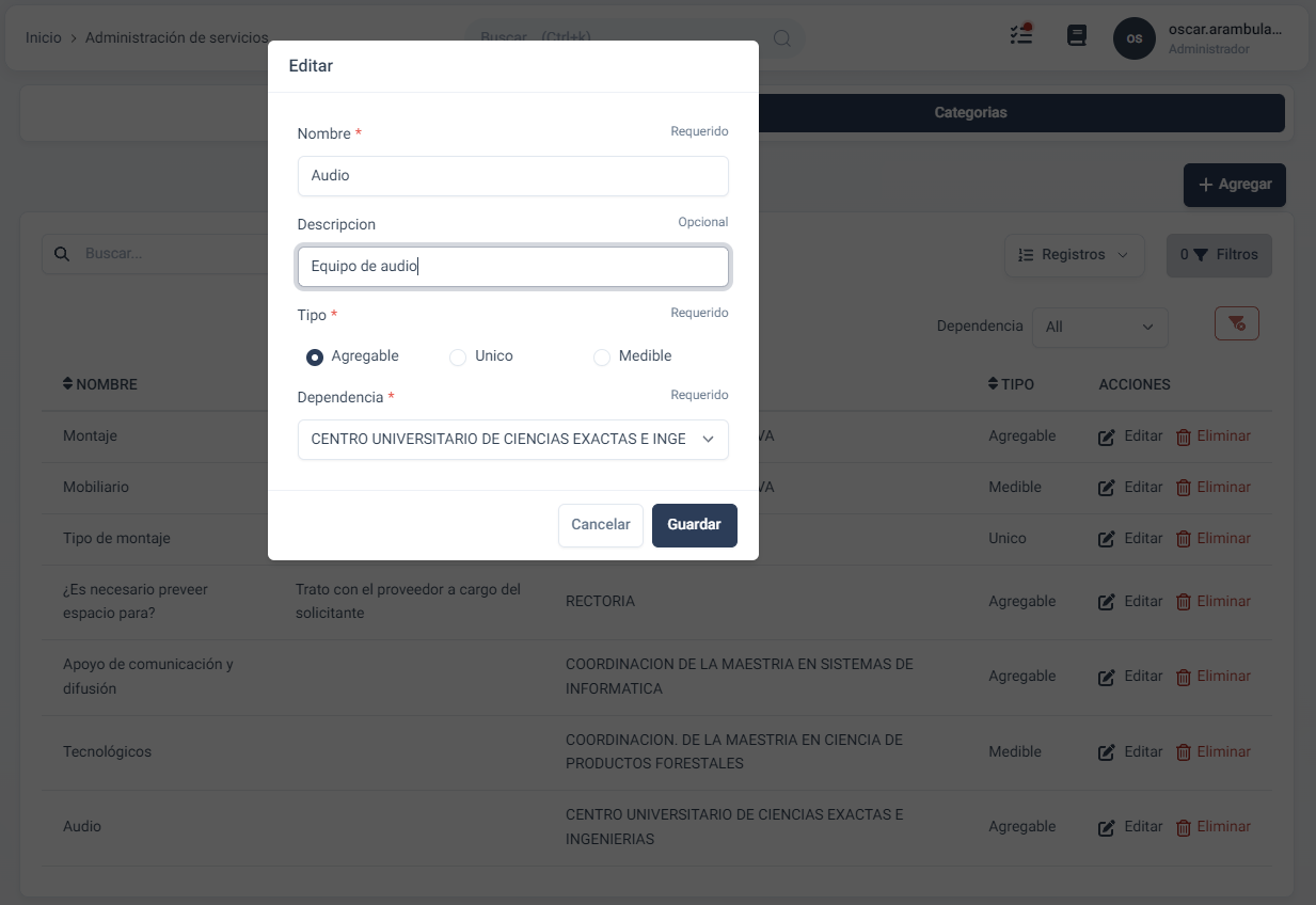 Edición de categorías