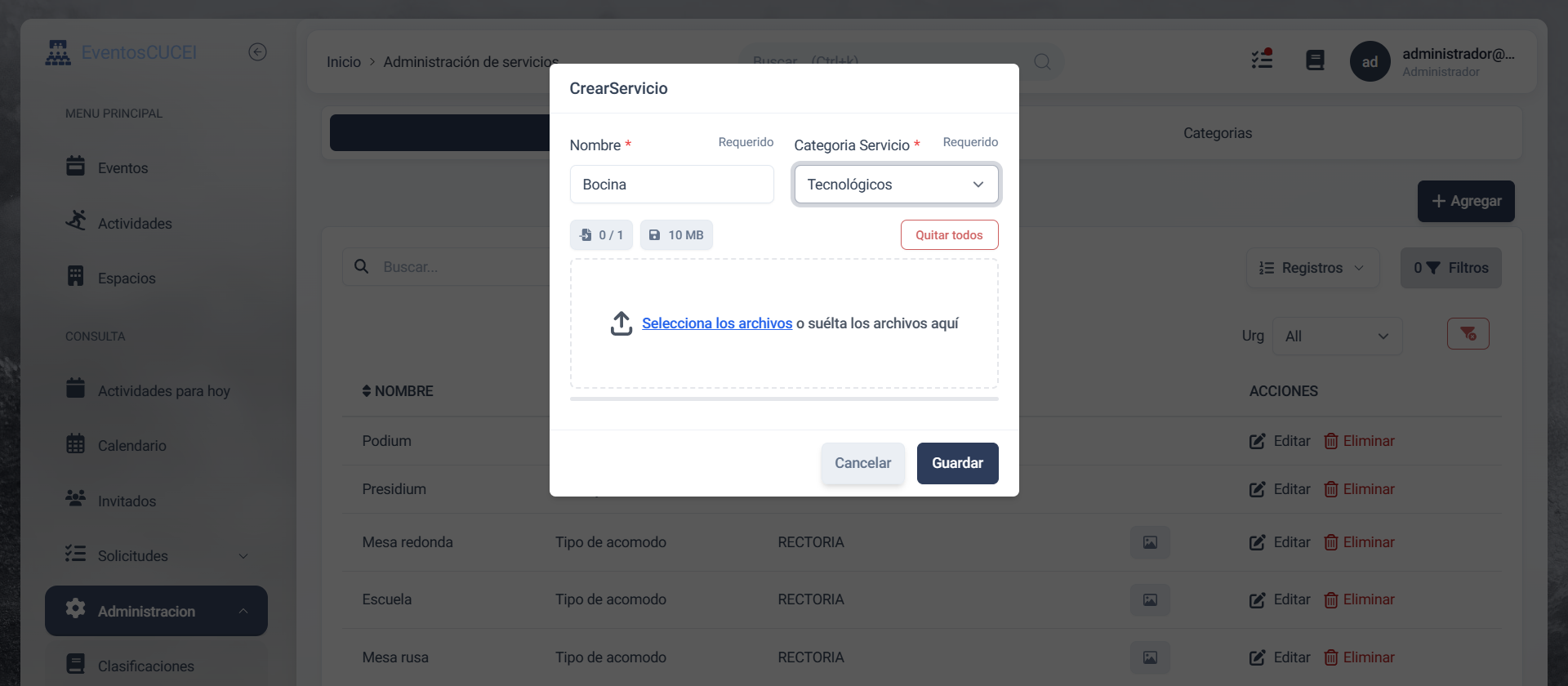 Formulario de creación de servicioss