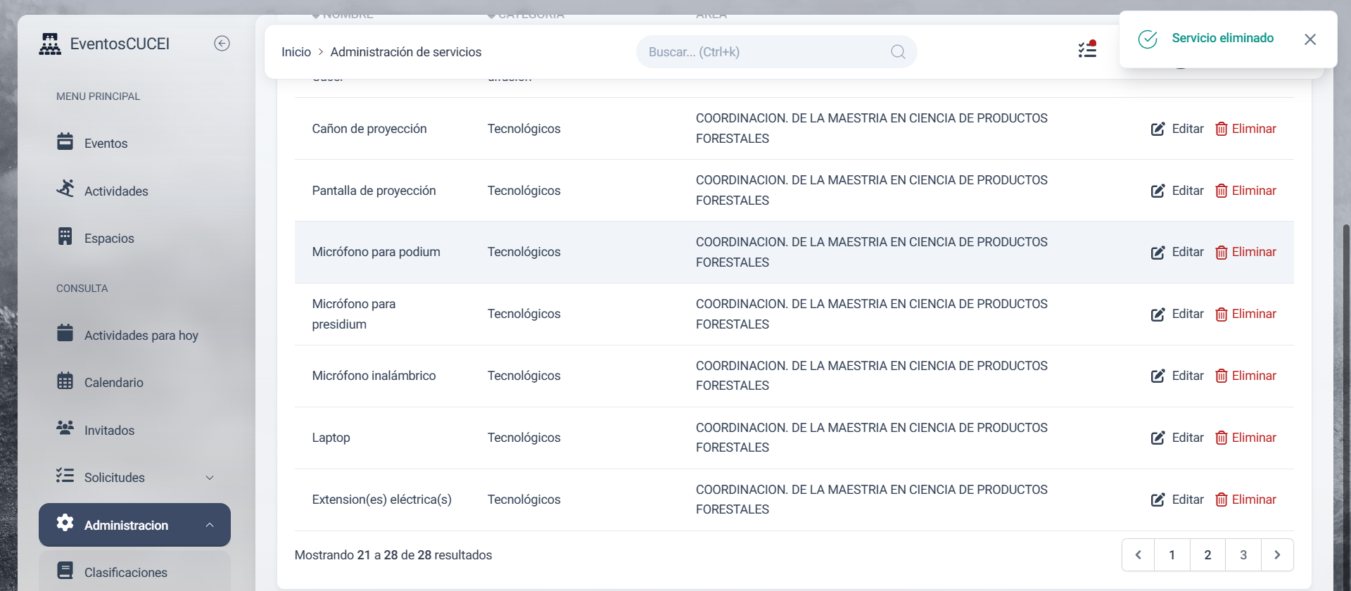Cambios en la tabla de servicios